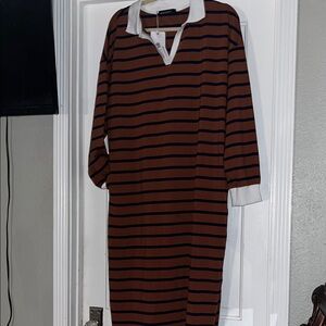Brown and Black Striped Dress with White Collar